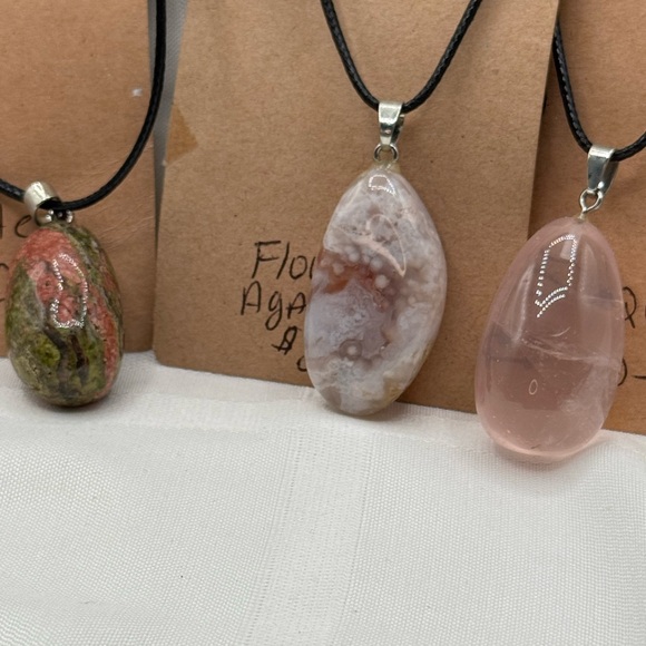 Natural stone Jewelry - Rose quart Flower Agate & unakite 1.5”-2” pendants on a 9” cord SET 3 necklace